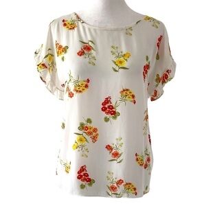 LOFT Small petite top floral white orange yellow ruffle short sleeves